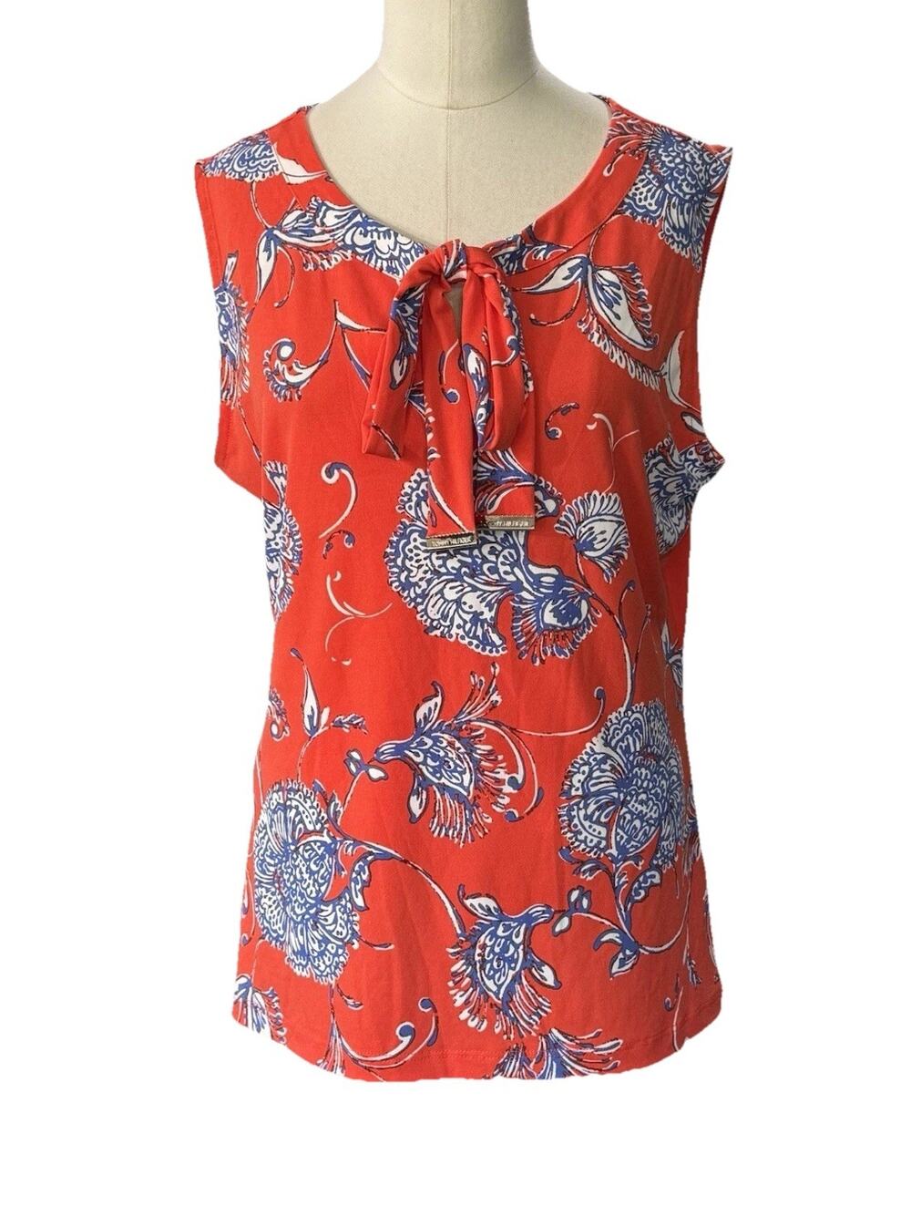 Tommy Hilfiger Floral Tie Front Top L Orange Blue Sleeveless Blouse NEW